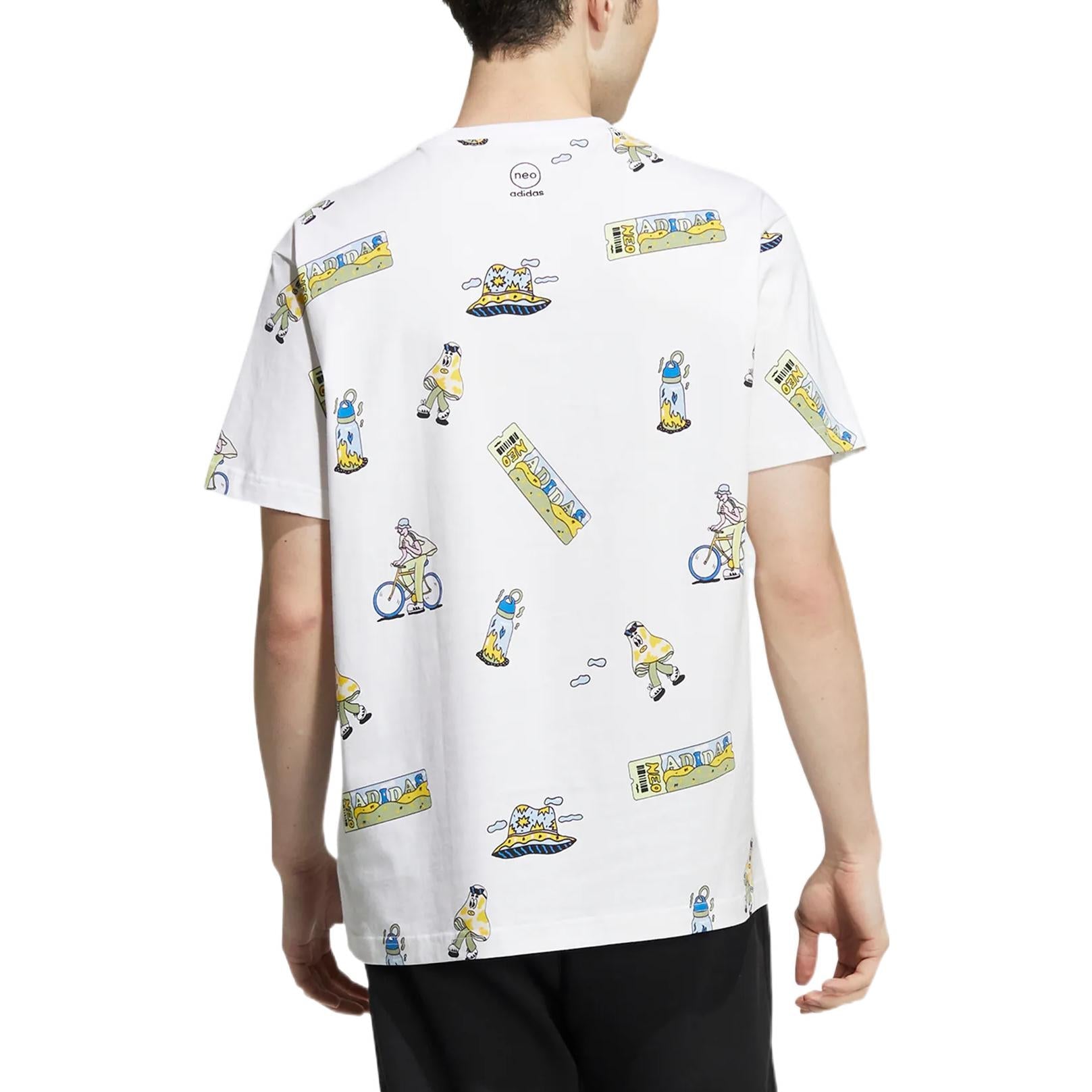 Men's adidas neo Funny Cartoon Full Print Casual Round Neck Short Sleeve White T-Shirt HH7685