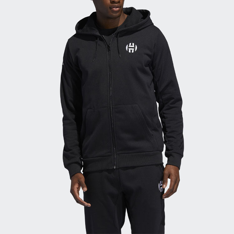 Men's adidas Logo Printing Sports Basketball Hooded Zipper Jacket Black DX6795