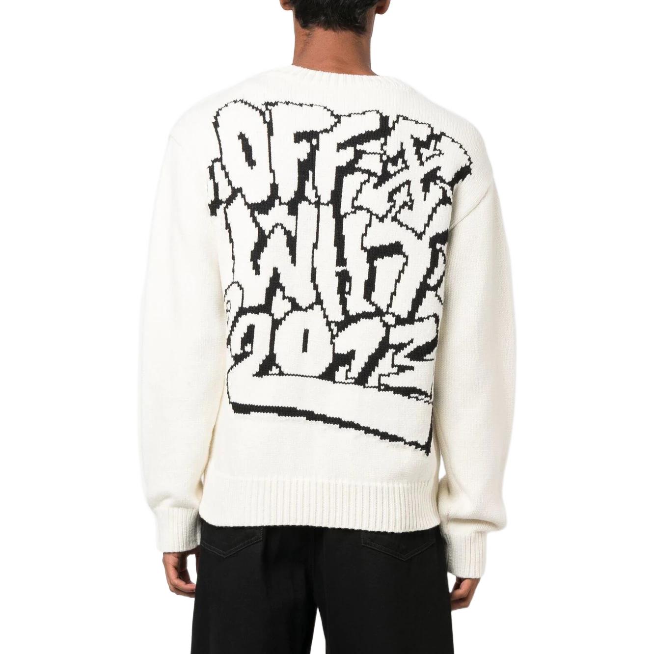 Men's Off-White FW22 Pattern Intarsia Knit Round Neck Long Sleeves Wool Sweater Loose Fit White OMHE136F22KNI0020310