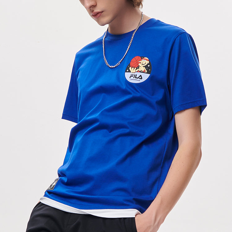 Men's FILA FUSION Cartoon Basketball Sports Printing Round Neck Short Sleeve Blue T11M135108F-BU