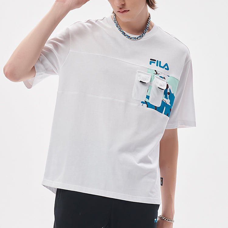Men's FILA FUSION Pocket Splicing Cartoon Printing Loose Sports Round Neck Short Sleeve White T11M133107F-WT