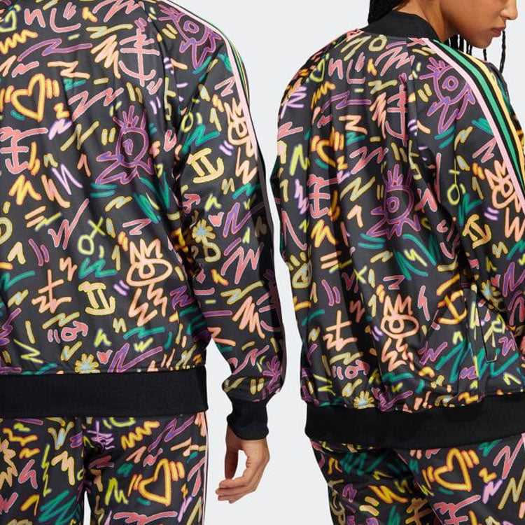 adidas originals Full Print Geometry Pattern Stripe Baseball Collar Long Sleeves Jacket Japanese version Black HC3088