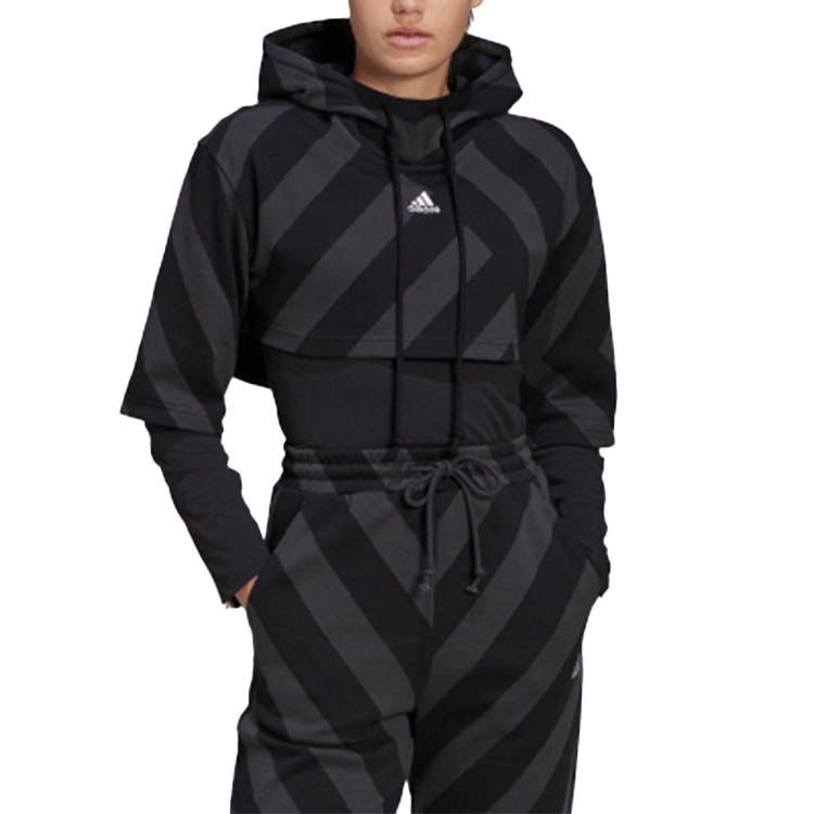 (WMNS) adidas Pg Crpd Hoodie Stripe hooded Short Hoodie Black GT5663