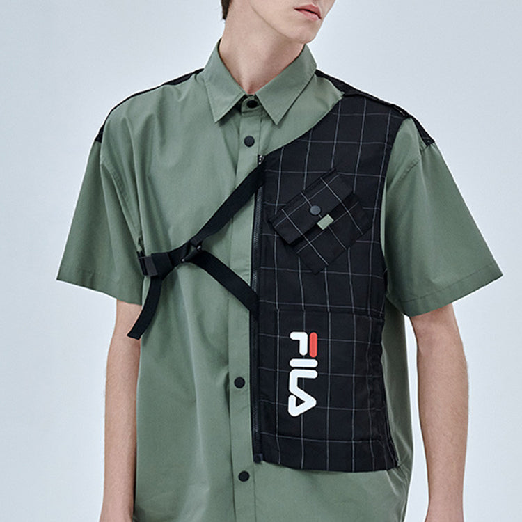 FILA FUSION Plaid Splicing Alphabet Logo Short Sleeve Shirt Green T11M023401F-GN