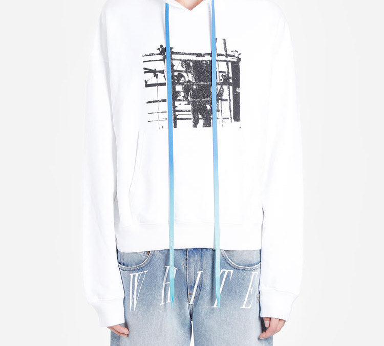 Men's Off-White Printed Logo Arrow Hooded Long Sleeves White OMBB037F19E300070110