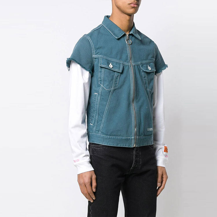 Off-White Zipper Denim Short Sleeve Shirt Loose Fit Blue OMYE033S19C310013900