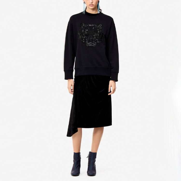 (WMNS) KENZO Embroidered Tiger Head Logo Round Neck Black Hoodie F862SW7414XV-99