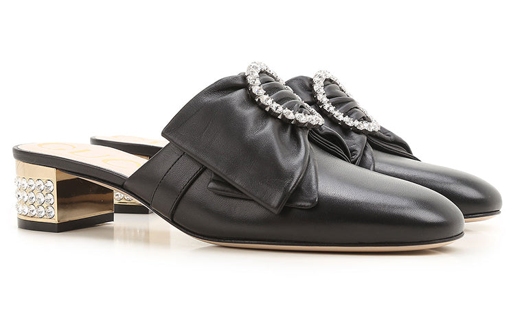 (WMNS) Gucci Crystal Buckle Low Heels Breathable Heighten Fashion High Heels Shoes Black 481163-BK000-1000