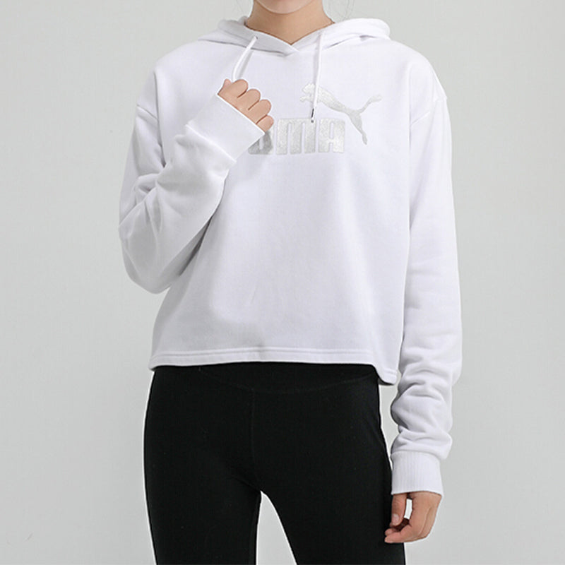 (WMNS) PUMA Essentials+ Cropped Metallic Logo Fleece Hoodie 'White Silver' 586922-52