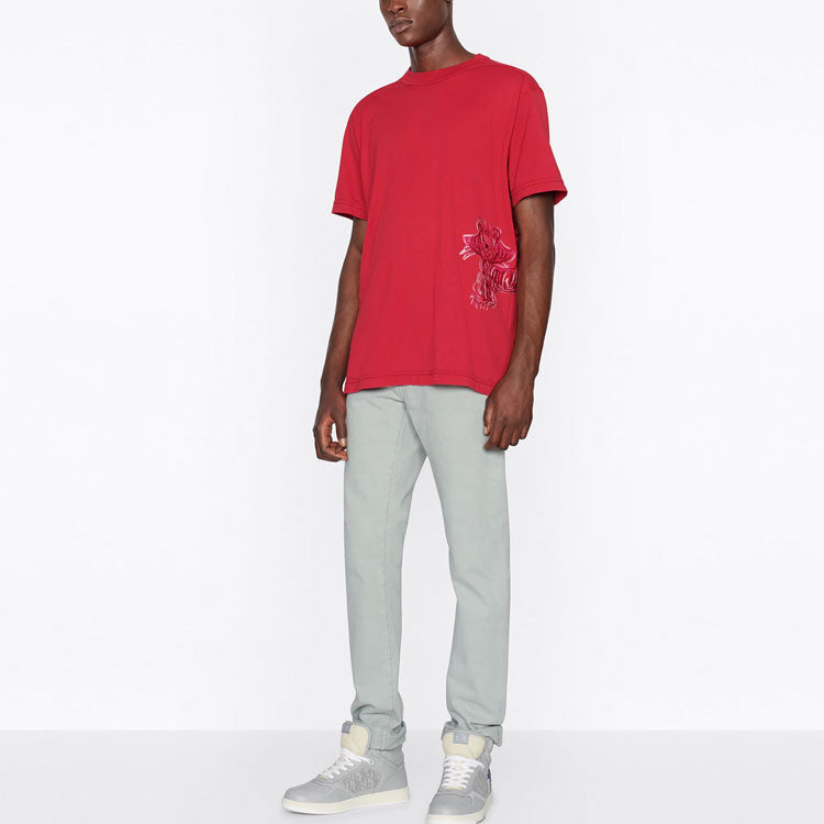 Men's DIOR x Kenny Scharf Crossover SS22 Tiger Embroidered Short Sleeve Red 213J646A0677-C383