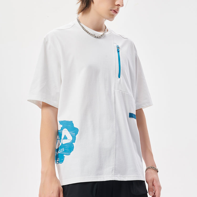 Men's FILA FUSION Logo Printing Splicing Sports Loose Short Sleeve White T11M133101F-WT