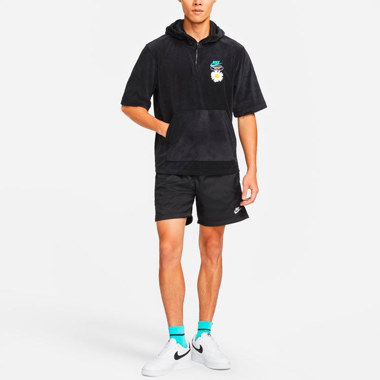 Nike Sportswear Solid Color Embroidered daisy Logo Printing hooded Sports Short Sleeve Black DM5063-010