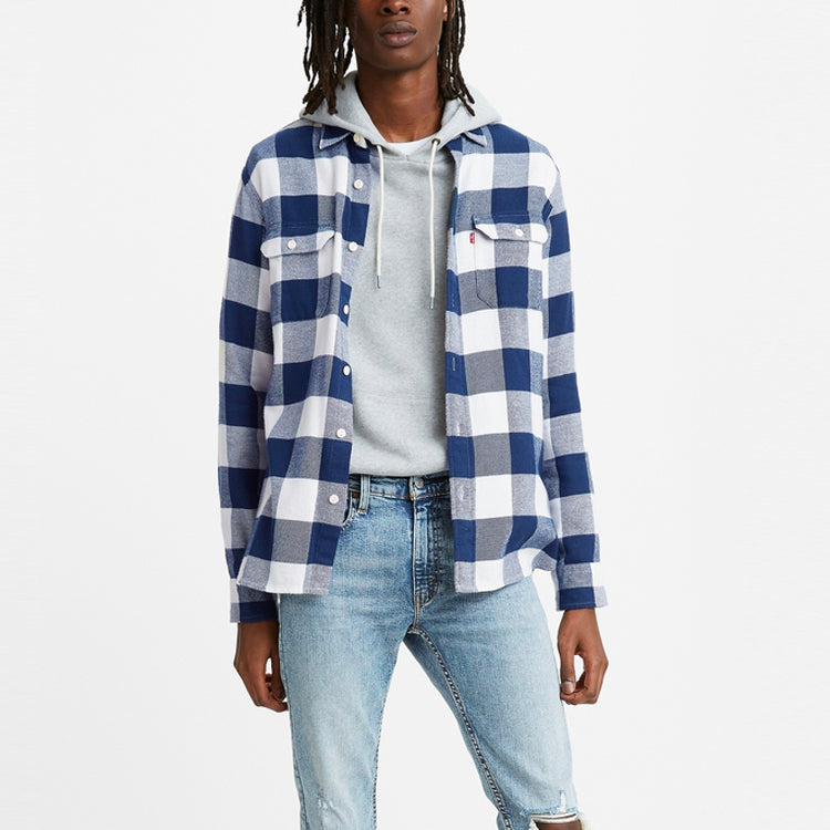 Men's Levis Plaid lapel Long Sleeves Shirt Blue 19587-0132