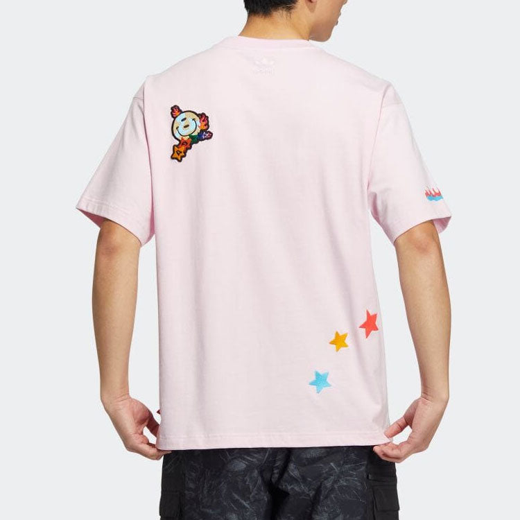 adidas originals Solid Color Cartoon Flame Pattern Printing Round Neck Casual Short Sleeve Pink HM8042
