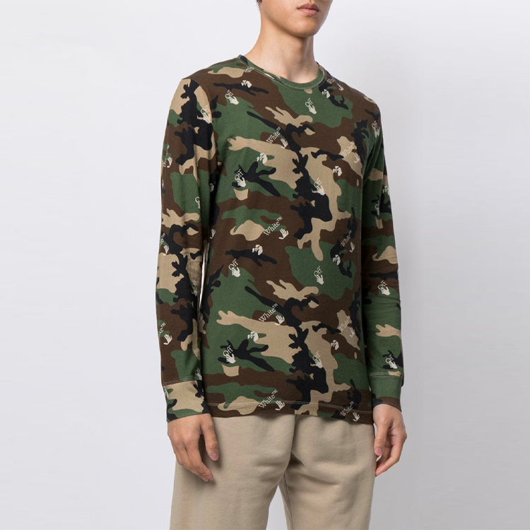 Men's Off-White SS21 Camouflage Printing Loose Long Sleeves Green T-Shirt OMAB001S21JER0115600