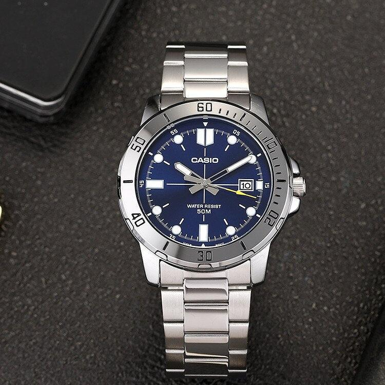 CASIO DRESSSeries Business Men'ses Silver/Blue Stainless Steel Strap Mens SilverBlue Analog MTP-VD01D-2EV