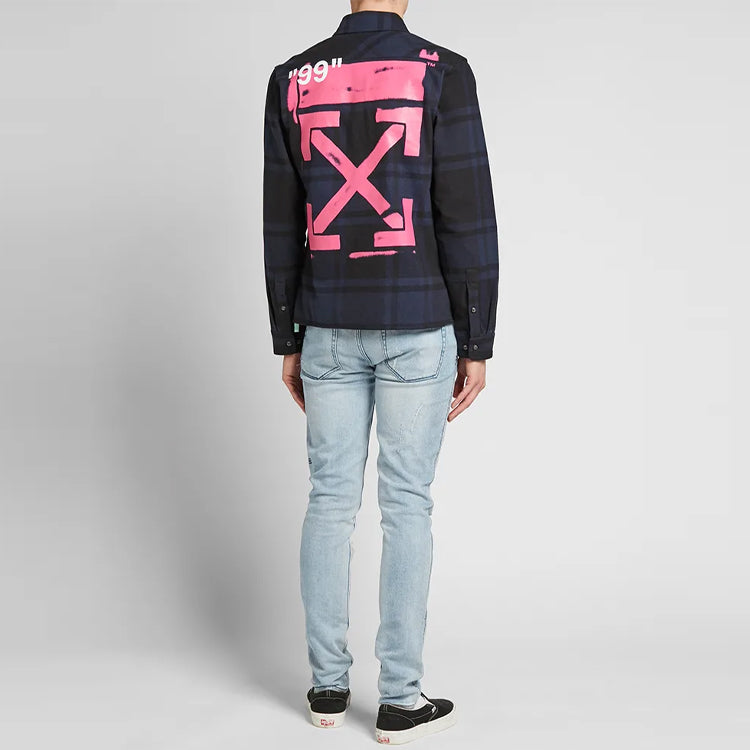Off-White FW21 Pink Red Arrow Plaid Pattern Long Sleeves Shirt Loose Fit Navy Blue OMGA060R19C080153028