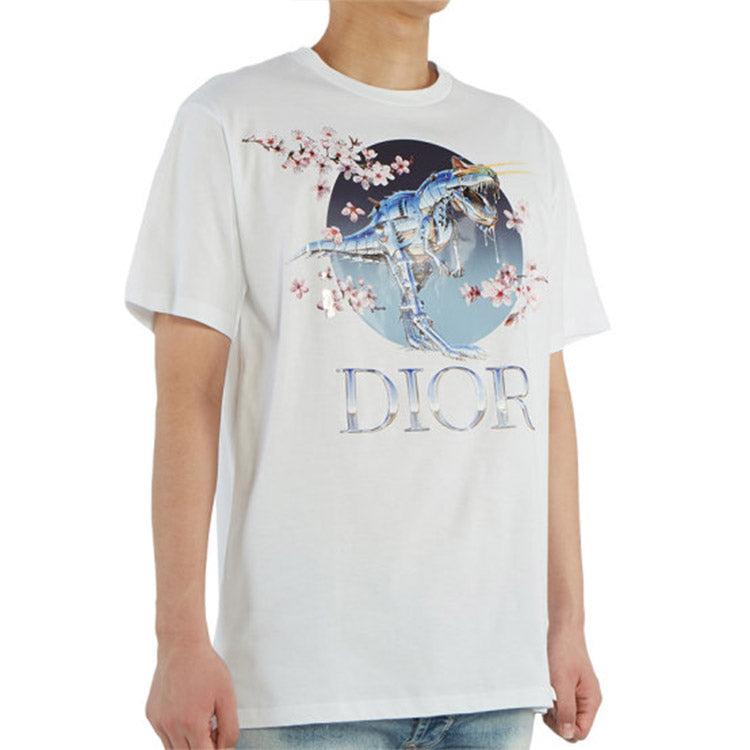 Men's DIOR x Sorayama Crossover Sakura Dragon Printing Short Sleeve White 933J602B0533-085