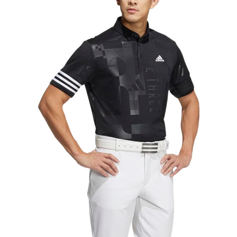 Men's adidas Stripe Embossing Printing Logo Short Sleeve Button Black Polo Shirt HA3116