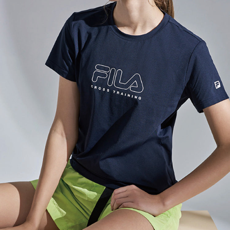 (WMNS) FILA Alphabet Logo Printing Sports Quick Dry Breathable Short Sleeve Navy Blue A11W021117F-NV