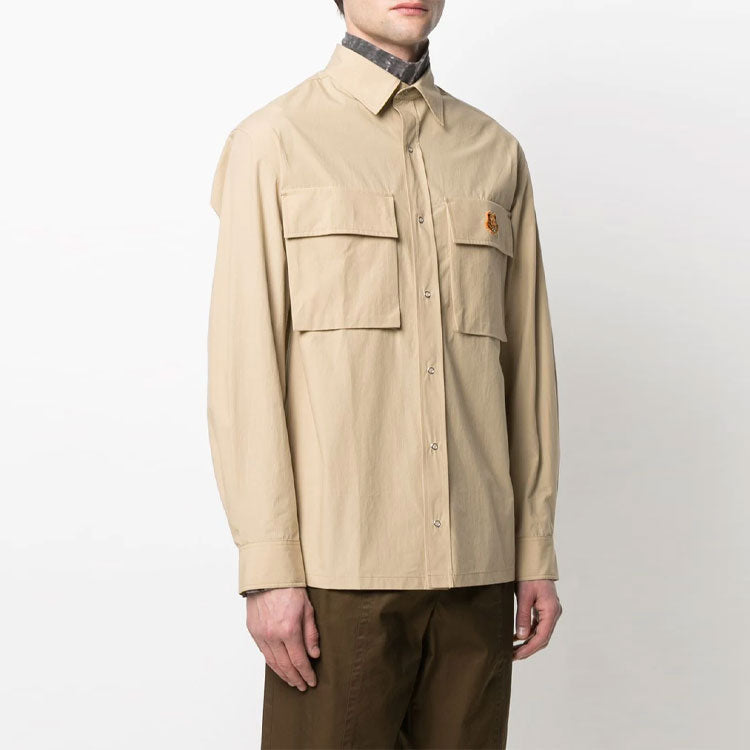 Men's KENZO SS21 Small Tiger Head Pocket Military Long Sleeves Shirt Beige FB55CH5039SA-11