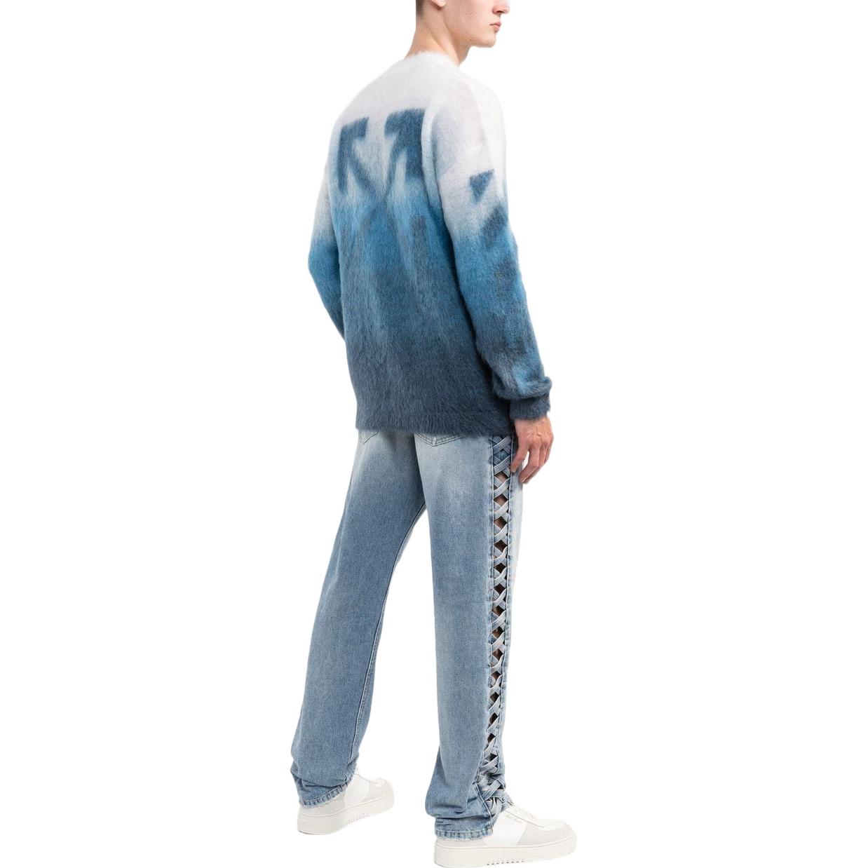 Men's Off-White SS22 Gradient Stripe Printing Pullover Round Neck Long Sleeves Wool Sweater Version Blue OMHE098F22KNI0014242