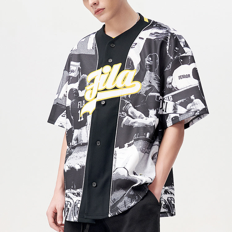 Men's FILA FUSION Contrasting Colors Logo Knit Sports Short Sleeve Shirt Black Gray T11M122401F-BK