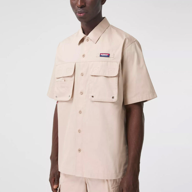 Men's Burberry Logo Cotton Multiple Pockets Short Sleeve Shirt Khaki 80385151