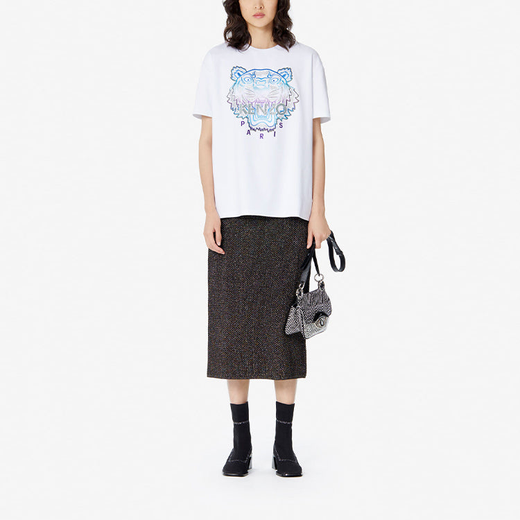 KENZO Multi-Color Embroidered Tiger Head Round Neck Short Sleeve White F962TS9534Y8-01