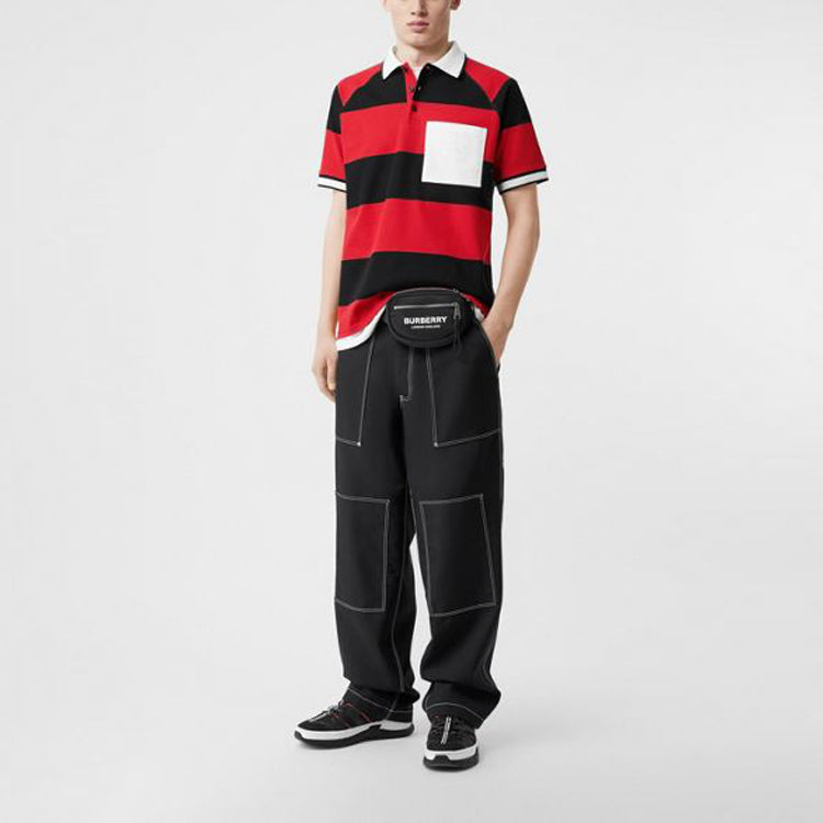 Men's Burberry SS21 Stripe Colorblock Short Sleeve Polo Shirt Red 80134751