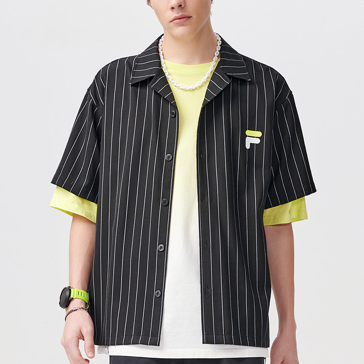 FILA FUSION Cartoon Printing Loose Stripe Short Sleeve Shirt Couple Style Black T11U122401F-BK
