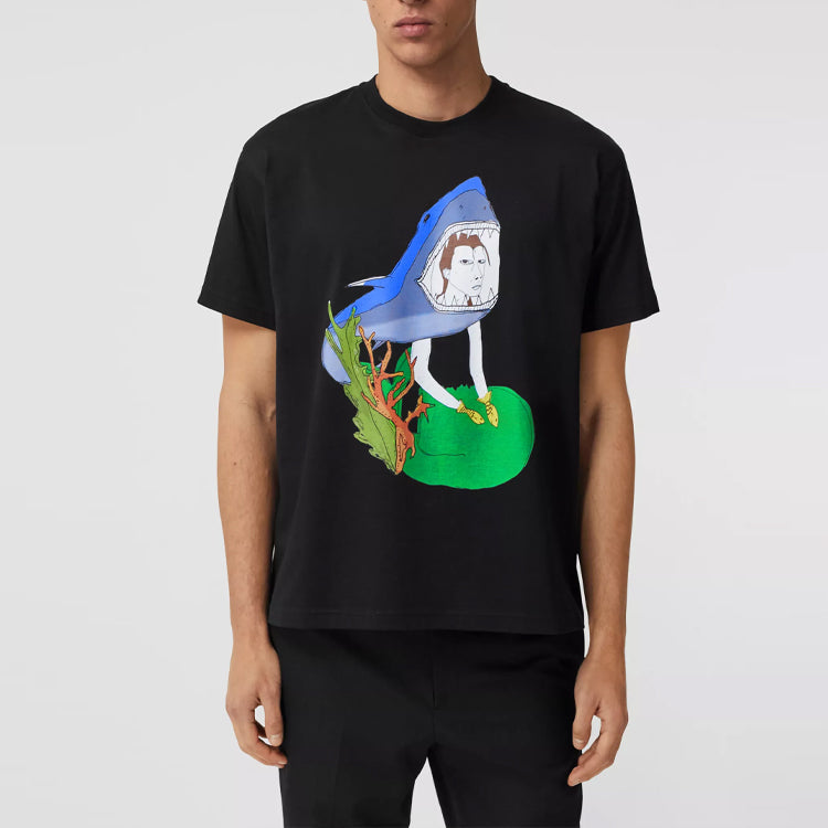 Men's Burberry SS21 Ocean Sketch Cartoon Printing Cotton Loose Short Sleeve Black 80406801