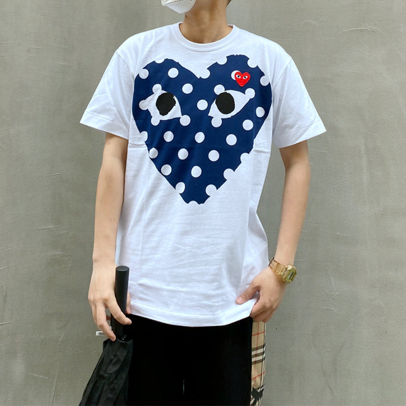 COMME des GARCONS PLAY Blue polka dots Love Short Sleeve White AZT234
