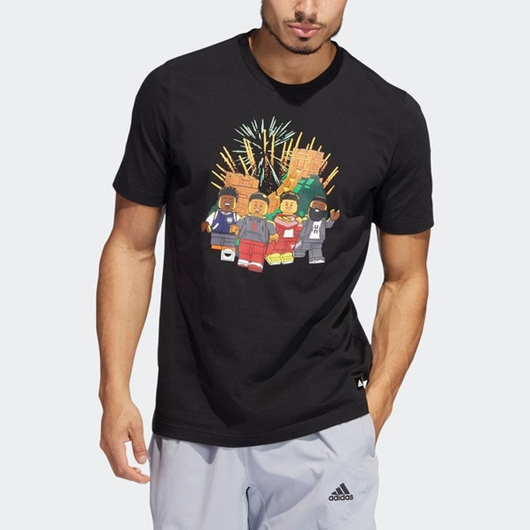 Men's adidas x LEGO Crossover Cartoon Character Great Wall Pattern Printing Round Neck Casual Short Sleeve Black T-Shirt HE0864