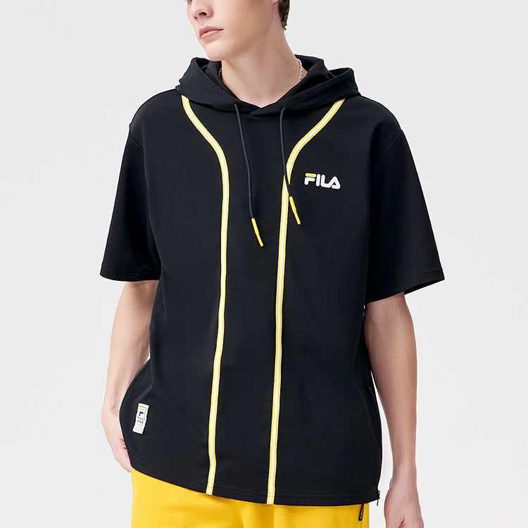 Men's FILA FUSION Contrasting Colors Stripe Splicing Knit hooded Short Sleeve Black T11M122501F-BK