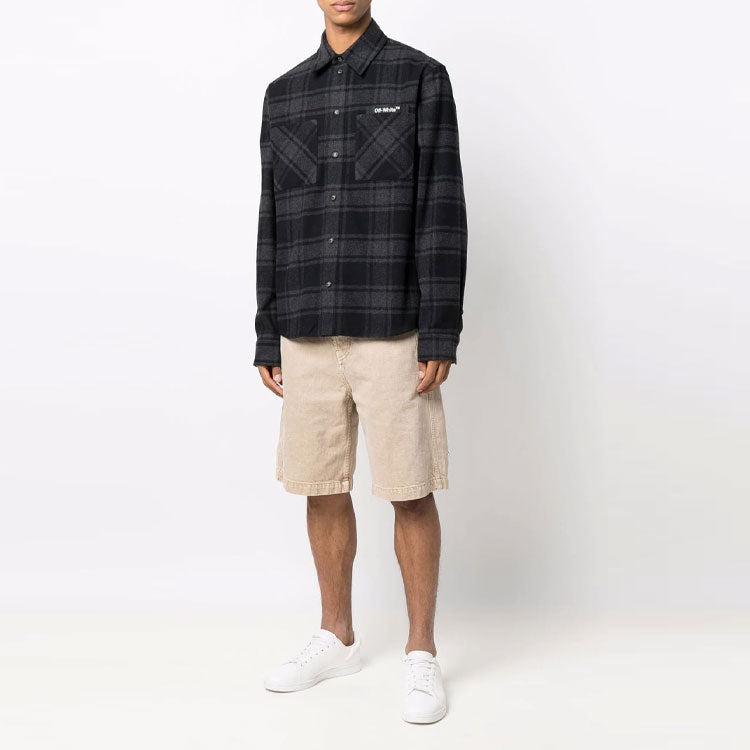Men's Off-White Logo Plaid Flannel Long Sleeves Loose Fit Gray Shirt OMGA133C99FAB0010701