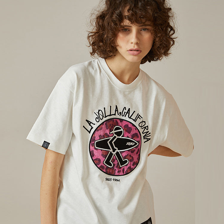 PJs Vigor Surf Alphabet Embroidered Leopard print Cotton Short Sleeve Loose Round Neck Unisex White 20SSTS1012-P