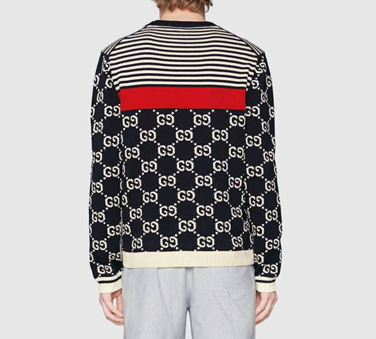 Gucci Men's GG Logo Striped Knit Sweater DarkBlue 496458-X9I07-4696