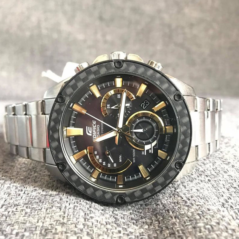 CASIO EDIFICE Solar Powered Black DialSilver Strap Mens BlackSilver Analog EQS-910D-1B