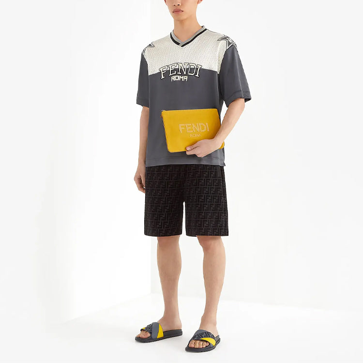 Men's FENDI SS21 Mesh Splicing Alphabet Short Sleeve Gray FAF629A52EF1DS1