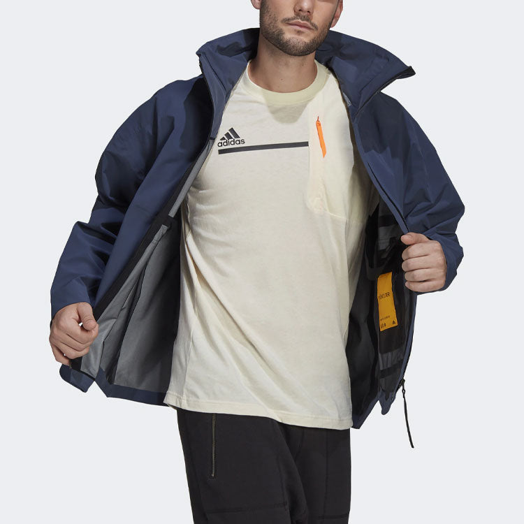 Men's adidas Outdoor Sports Stripe Hooded Rainproof 3M Reflective Navy Blue Jacket GR0596