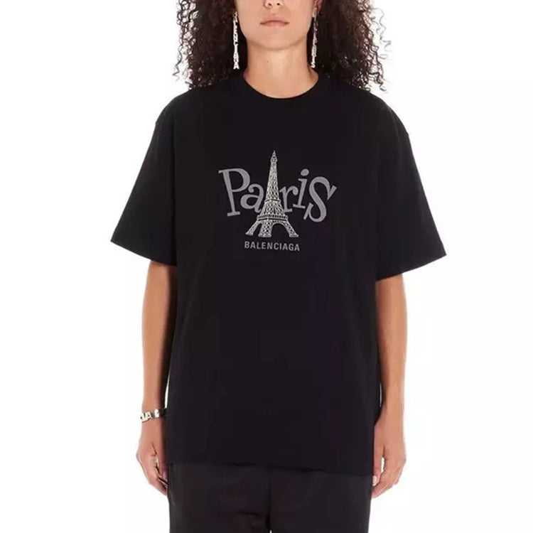 Balenciaga Unisex Paris Printing Round-neck Black 594599TGV661000