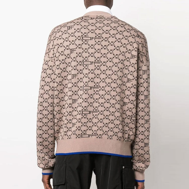 Men's Off-White Logo Pattern Ribbed Knit Pullover Wool Sweater Version Beige OMHE118S22KNI0016210