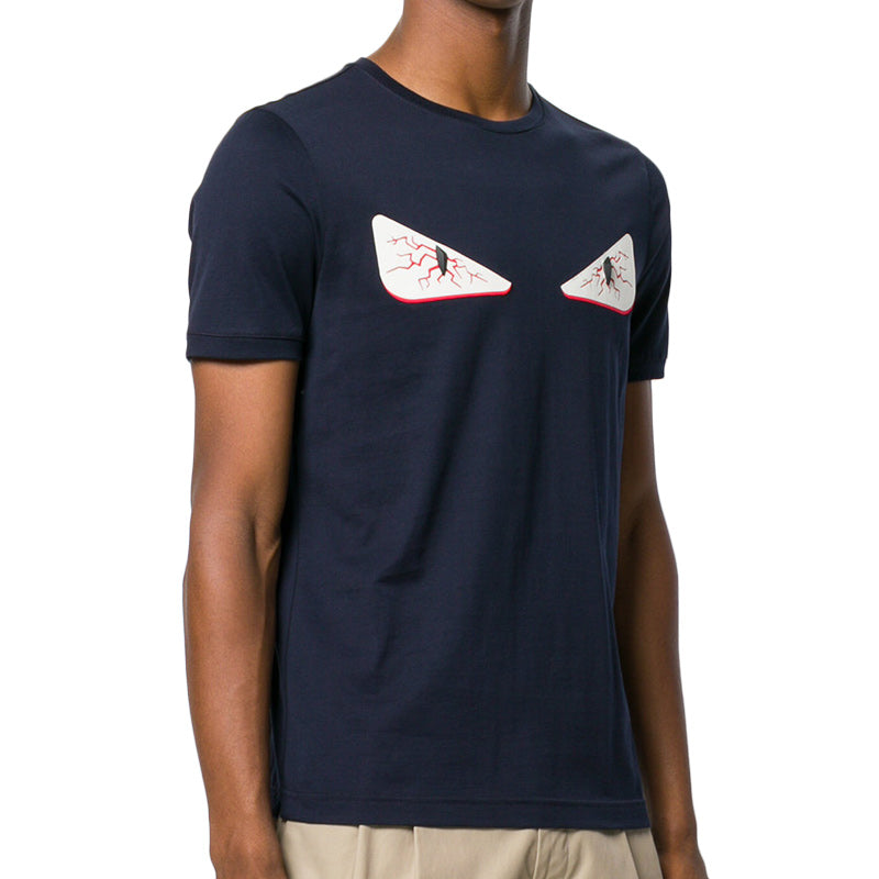 Men's FENDI SS21 Solid Color Brand Printing Round Neck Short Sleeve Navy Blue T-Shirt FY0894A28JF123Z