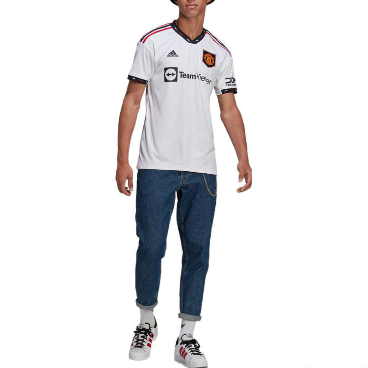 adidas Manchester United Fan Edition Soccer/Football V neck Stripe Logo Short Sleeve White H13880