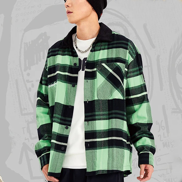 Li-Ning BADFIVE Sports Basketball Series Plaid Loose Fleece Lined Long Sleeves Shirt 'Green' ASHS005-1