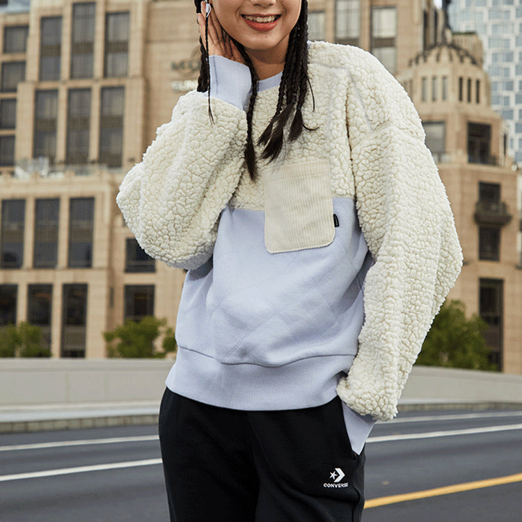 (WMNS) Converse Splicing Lamb's Wool Round Neck Pullover Milk White Hoodie 10022348-A04