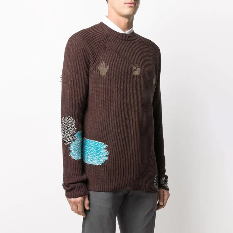 Men's Off-White Embroidered Ribbed Knit Pullover Wool Sweater Brown OMHE060F20KNI0016018
