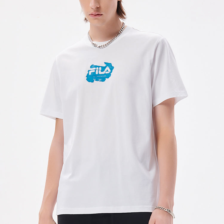 Men's FILA FUSION cycling Illustration Pattern Printing Knit Short Sleeve White T11M133104F-WT