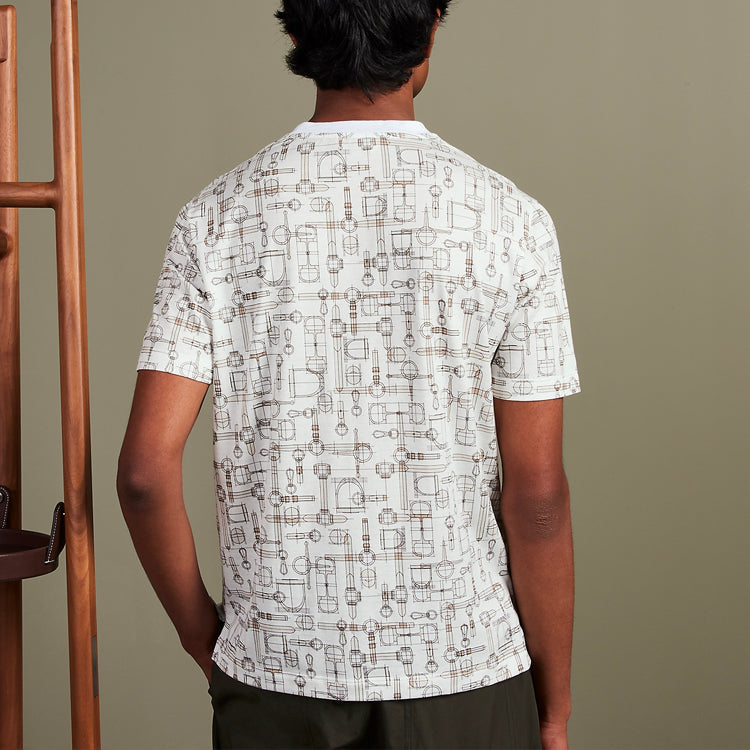 Men's HERMES SS21 Labyrinthe Equestre Full Print Pattern Printing Round Neck Short Sleeve Creamy White H037735HA1V